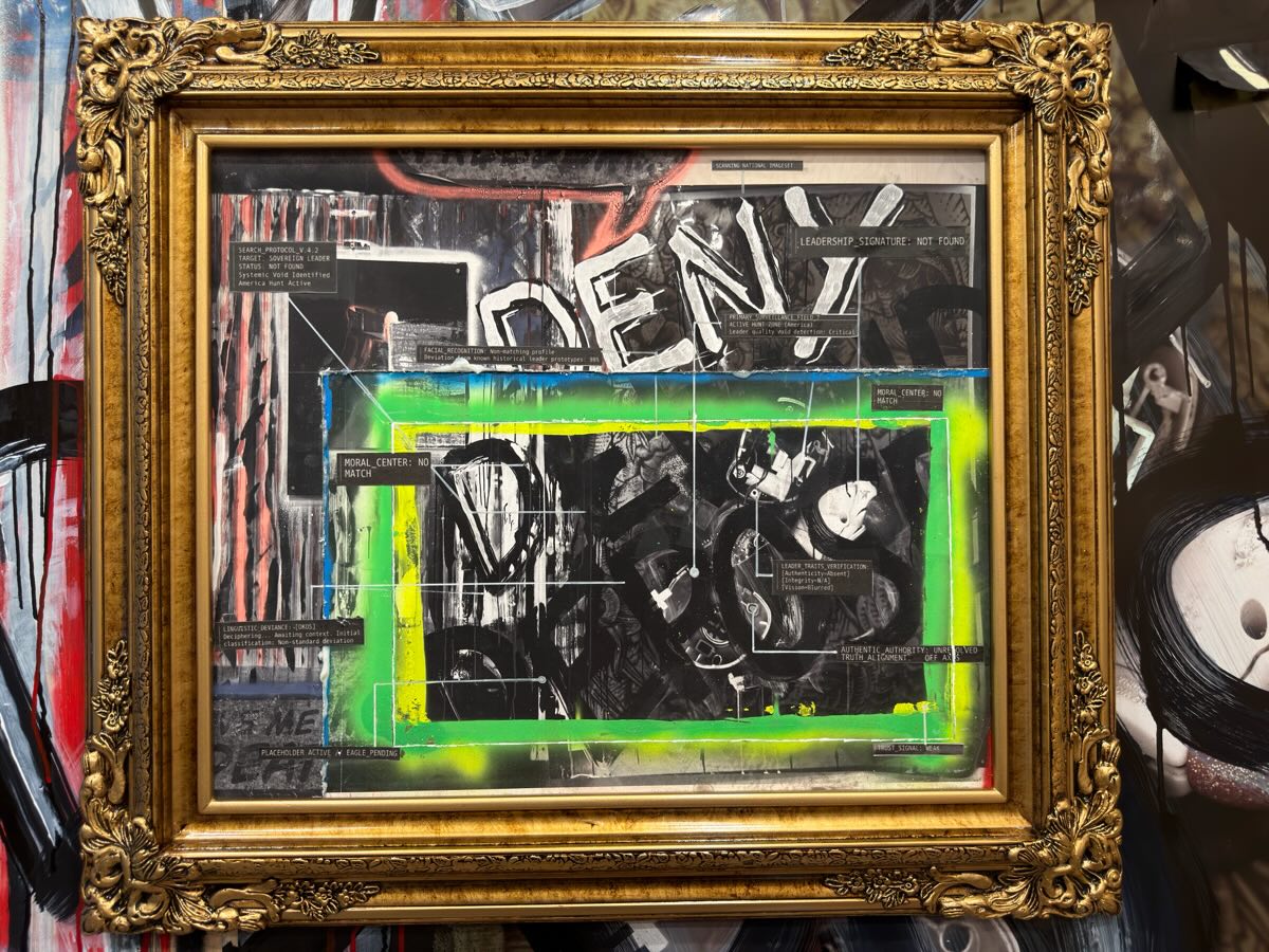 An ornate gold frame surrounds a black-and-white collage of fragmented figures, diagnostic callouts, and a neon-green inner border.