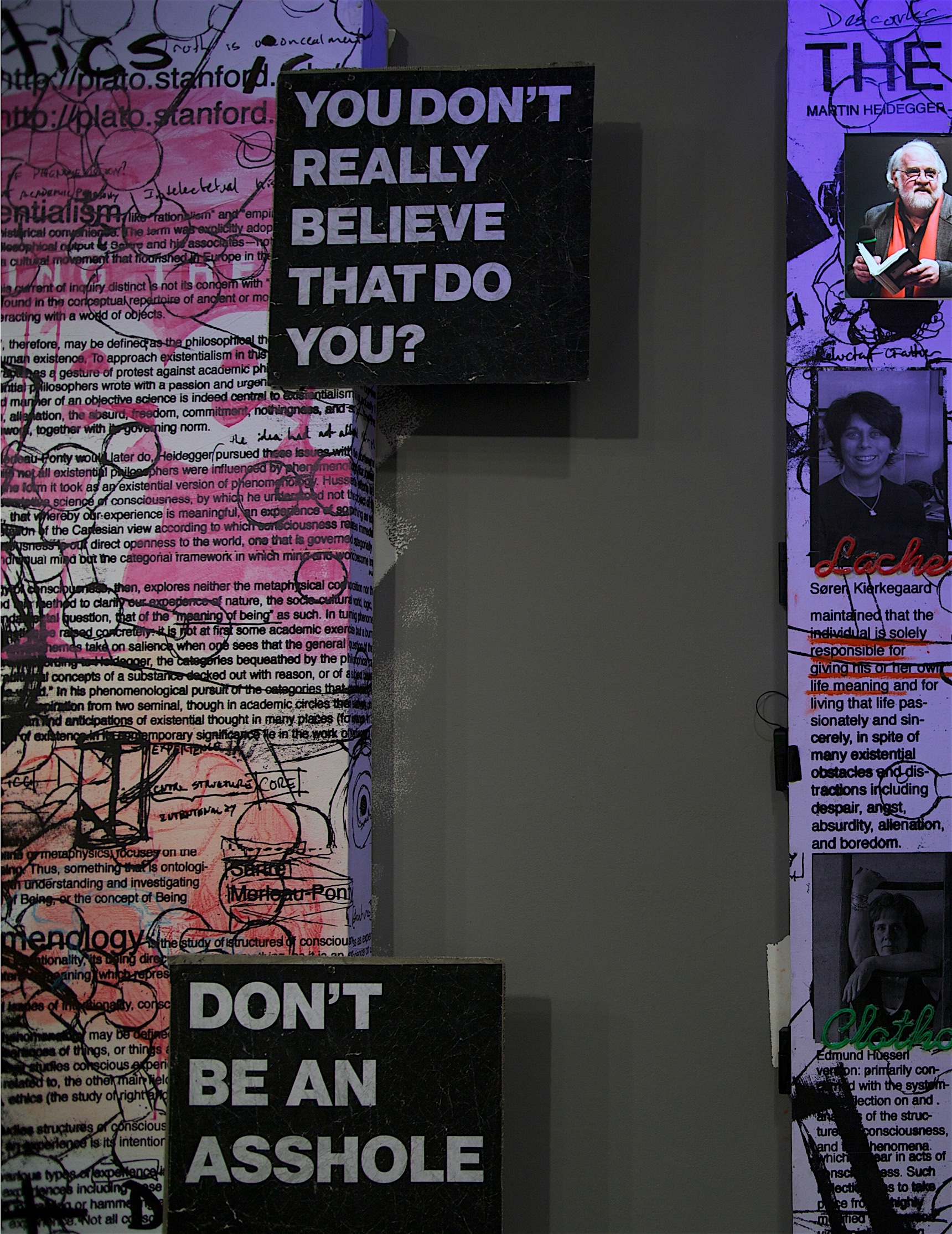 Adjacent gallery panels layer philosophical text, photographs, handwritten marks, and black direct-address text.