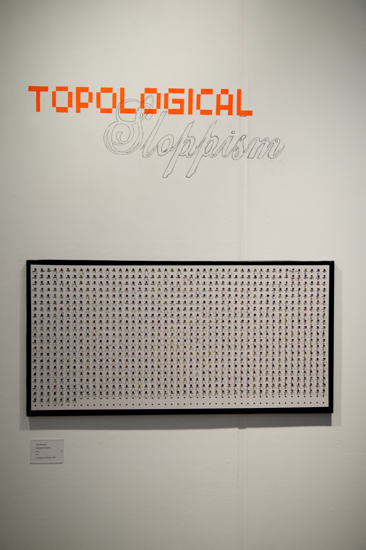 Orange geometric lettering and outlined script spell Topological Sloppism above a large grid of numbered fasteners.
