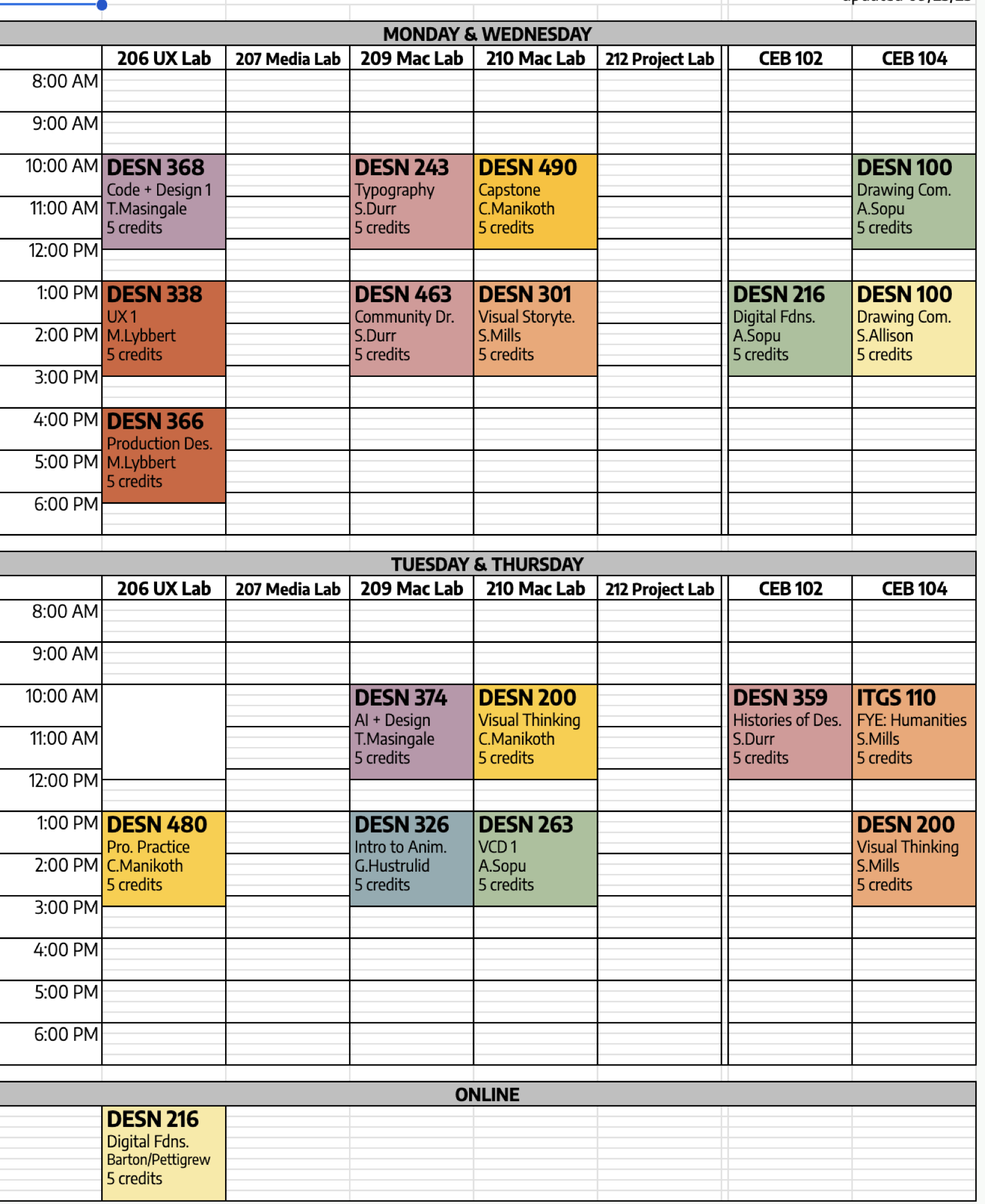 A source spreadsheet schedule organized by day, room, time, course, and instructor.