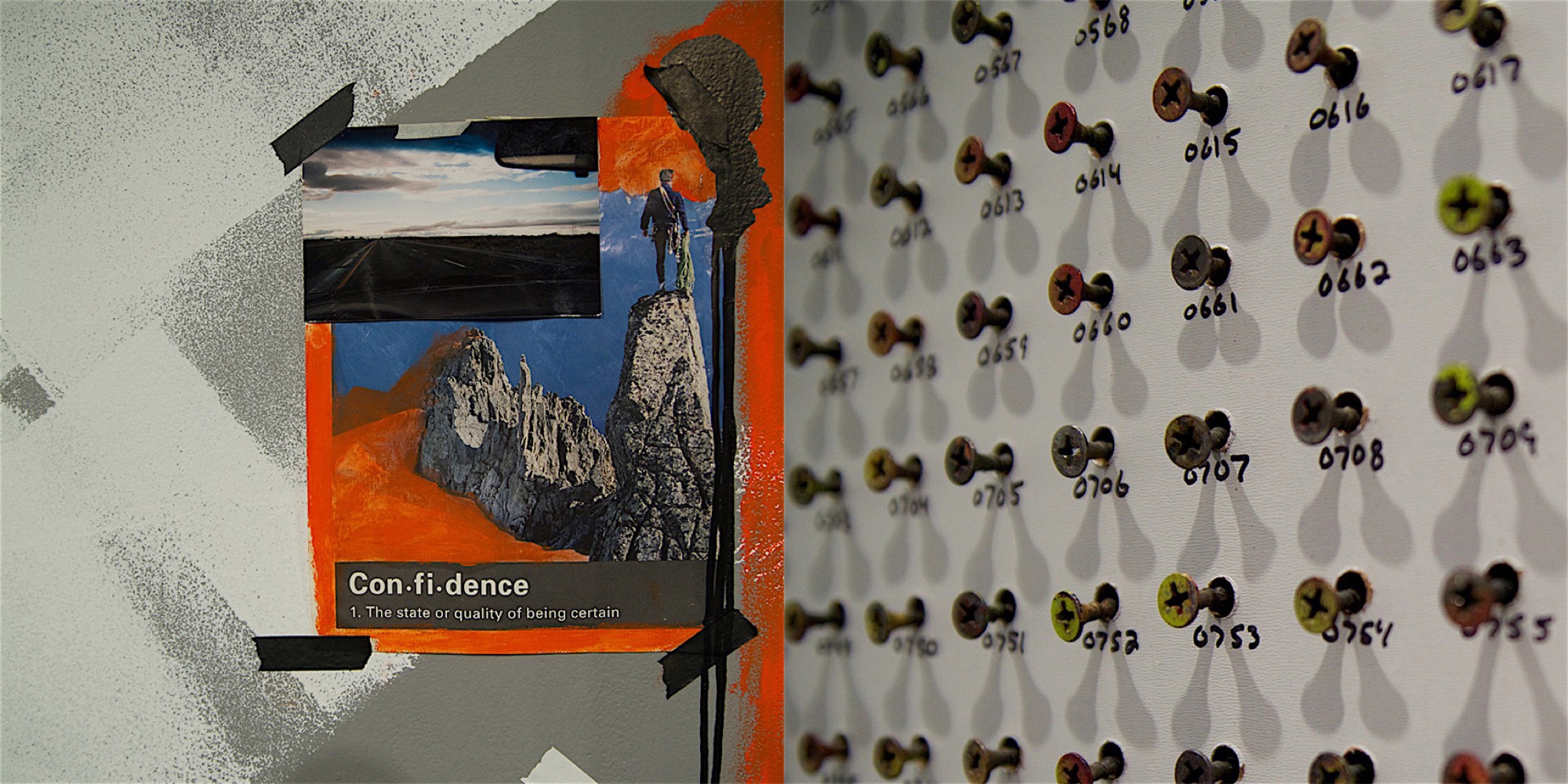Paired gallery details: a collage at left and rows of numbered fasteners at right